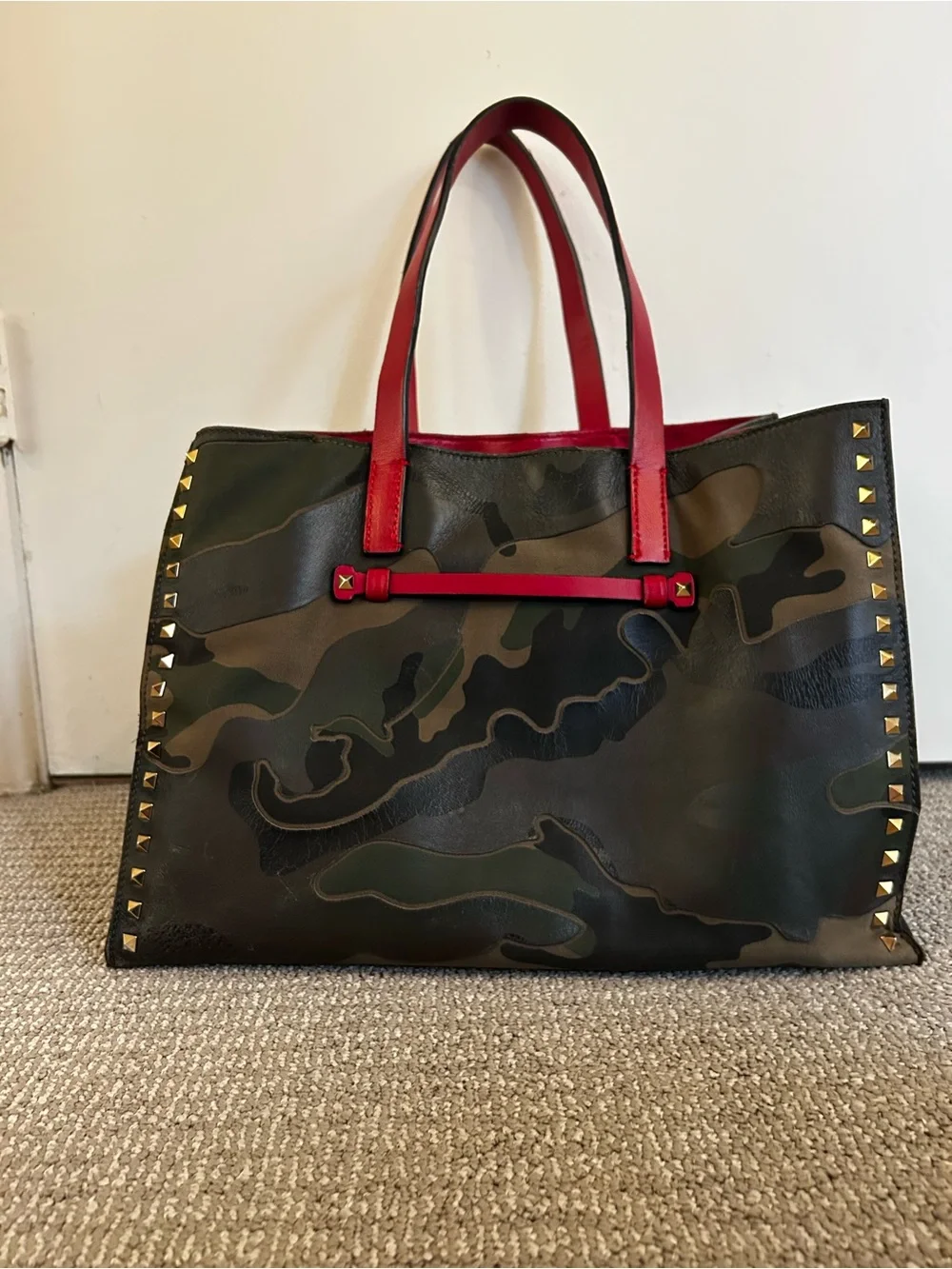 Valentino Garavani Rockstud Camouflage Tote with Red Handles and Gold Studs